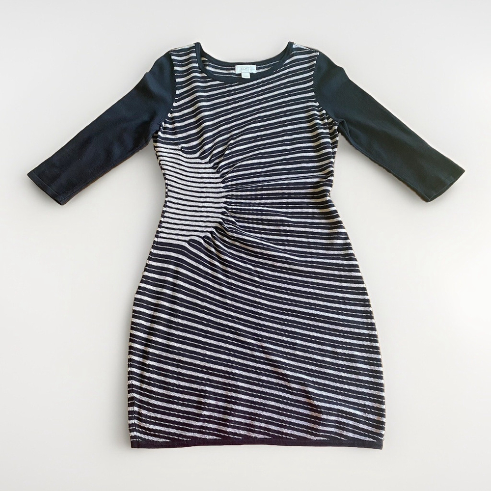 LOFT Rayon Asymmetric Fine Sweater Knit‎ Dress Black/Taupe Women’s Size M Petite